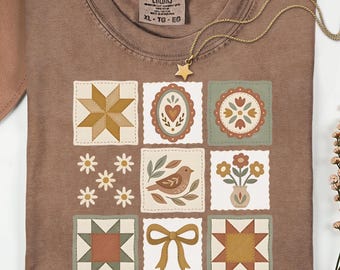 Grandma Core Vintage Bird Quilt Shirt, Comfort Colors Tee, Cottagecore Floral T Shirt, Retro Aesthetic Top, Trendy Graphic Tee