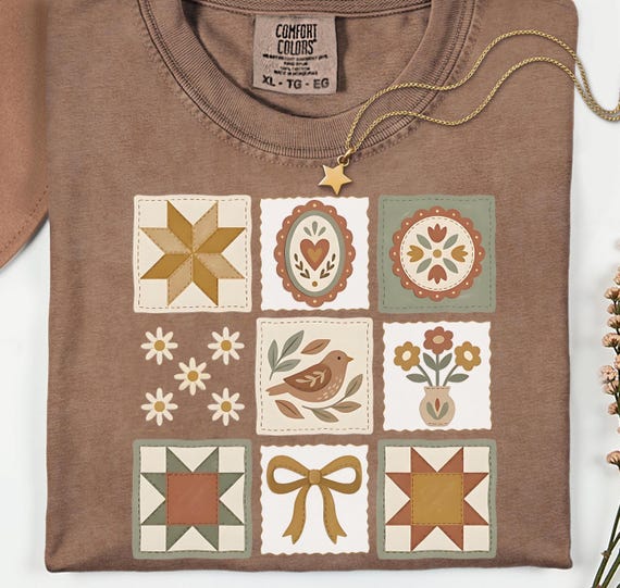 Grandma Core Vintage Bird Quilt Shirt, Comfort Colors Tee, Cottagecore Floral T Shirt, Retro Aesthetic Top, Trendy Graphic Tee