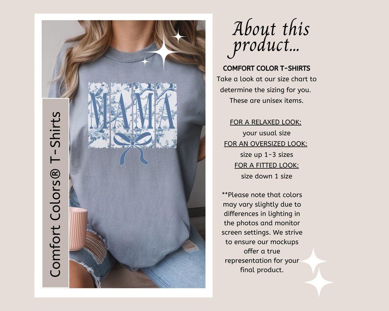 Op de afbeelding: Een lichtblauw Comfort Colors T-shirt met het woord "MAMA" in een bloemenontwerp. Het shirt is unisex. De tekst "Comfort Colors T-Shirts" staat aan de linkerkant van de afbeelding.