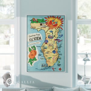 Vintage Florida kaart ingelijst canvas (A) muur kunst kantoorruimte commerciële decor historische ansichtkaart wachtkamer decor housewarming cadeau Airbnb