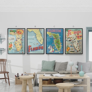 Vintage Florida kaart ingelijst canvas (D) muur kunst kantoorruimte commerciële decor historische ansichtkaart wachtkamer decor housewarming cadeau Airbnb