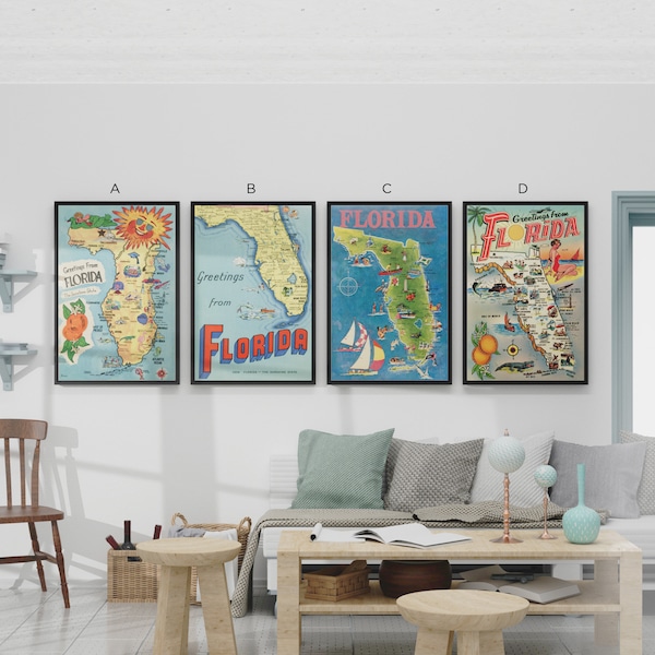 Vintage Florida Map Framed Canvas (D) Wall Art Office Space Commercial Decor Historic Postcard Waiting Room Decor Housewarming Gift Airbnb