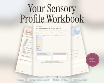 Op de afbeelding: Een afdrukbaar en invulbaar werkboek met de titel "Your Sensory Profile Workbook". De omslag toont de titel in grote letters, met extra tekst die aangeeft dat het voor autistische volwassenen en ouders van neurodivergente kinderen is. Het werkboek bevat 12 pagina's, is kleurgecodeerd en is invulbaar en printbaar.