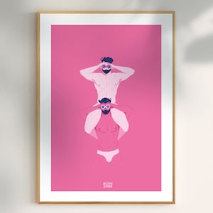 Póster gráfico de dos hombres en ropa interior mirándose a través de binoculares.
