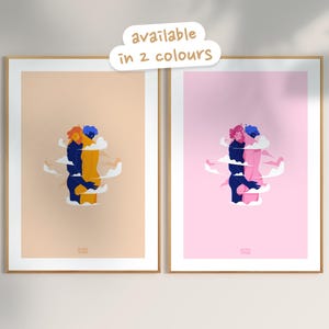 Affiche artistique sensuelle et poétique, illustration de deux hommes nus enlacés dans les nuages - Poster graphique gay