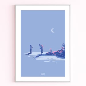 Cartel de dos hombres desnudándose para bañarse a la luz de la luna.
