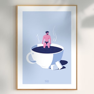 Peut inclure: Une tasse à café blanche avec un homme assis dans le café. L'homme porte un short de bain bleu et a une barbe. Il y a deux morceaux de sucre sur la table à côté de la tasse. Le fond est bleu clair.