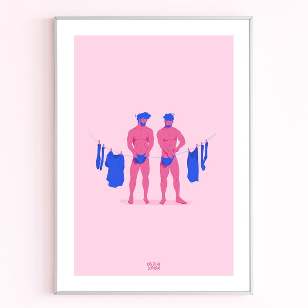 Affiche de deux hommes nus accrochant leur linges