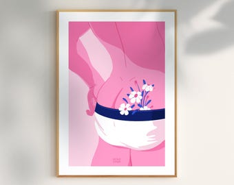 Sensual poster for men – Illustration of a bare back, briefs, and flowers