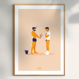 Póster gay divertido – Regalo romántico LGBTQ+ – Ilustración de pareja masculina