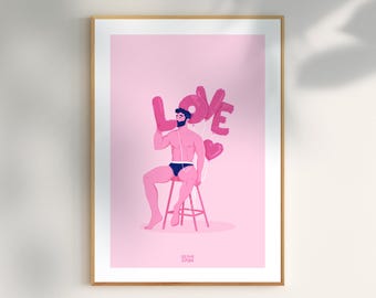 Può includere: Un'illustrazione rosa di una persona seduta su uno sgabello che tiene palloncini rosa che compongono la parola "LOVE".