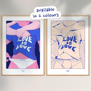 Poster "Love Is Love" – Illustrazione artistica di una coppia che si abbraccia, arte romantica moderna (disponibile in 2 versioni)