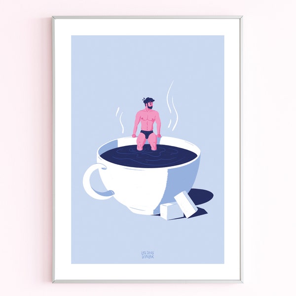 Affiche d'un homme assis au bord d'une tasse à café, trempant ses pieds