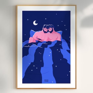Affiche graphique de deux hommes en tête à tête dans leur lit au motif étoilé