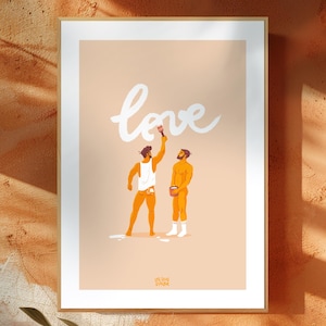 Póster de dos hombres pintando la palabra amor en una pared.