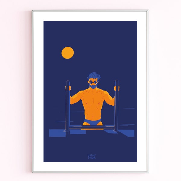 Poster of a man in a swimsuit coming out of the swimming pool