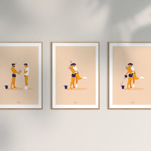 Serie de carteles de un hombre ofreciendo flores a otro hombre