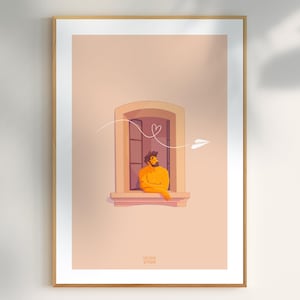 Poster Uomo alla finestra – Illustrazione romantica e poetica con aeroplano di carta