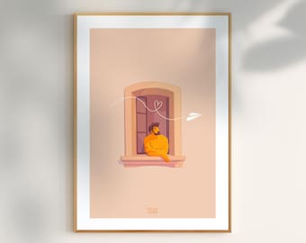 Può includere: Un'illustrazione digitale di una persona che guarda fuori da una finestra. La persona è seduta su un davanzale e ha la barba. La finestra è incorniciata da un colore marrone chiaro. Un aeroplano di carta bianco esce dalla finestra. Lo sfondo è di colore pesca chiaro.