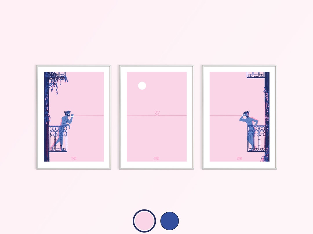 Series of 3 Illustrated Posters Where Two Naked Men Chat Together on