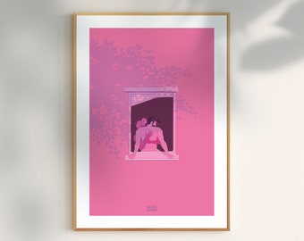 Può includere: Un'illustrazione rosa di due persone che si abbracciano in una finestra. La finestra è incorniciata di bianco e ha una tenda bianca. Lo sfondo è un muro rosa con un motivo di foglie in una tonalità di rosa più chiara.