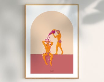Può includere: Due figure in un arco color pesca e rosa. Una figura sta versando petali rosa da una brocca sulla testa dell'altra figura. La figura che riceve i petali è seduta su una superficie rosa. Il testo "IS THIS LOVE" è in basso nell'immagine.