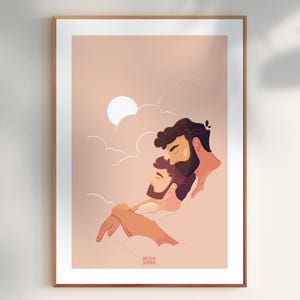 Póster de una ilustración onírica donde una pareja de hombres se abrazan en las nubes.