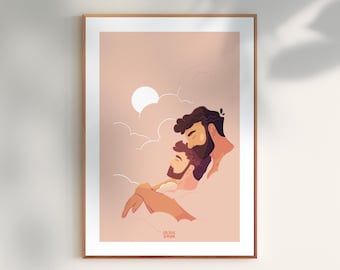 Può includere: Un'illustrazione digitale di due uomini che si abbracciano in un cielo rosa tenue con nuvole bianche. Gli uomini hanno i capelli castani e la barba e si guardano. L'illustrazione è in uno stile cartone animato semplice.