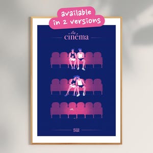En el cine – Cartel artístico de un beso apasionado y palomitas...