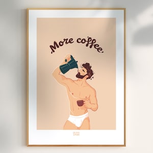 Può includere: Un'illustrazione digitale di un uomo che versa caffè da una caffettiera nella sua bocca. Il testo "More coffee." è scritto in corsivo marrone sopra l'uomo. Lo sfondo è di colore pesca chiaro.