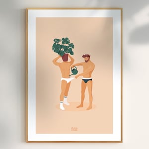 Annaffiatura – Poster divertente e poetico, illustrazione bizzarra di un uomo, una pianta e un annaffiatoio