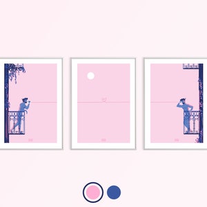 Series of 3 illustrated posters showing two naked men talking together on their balcony