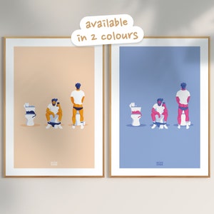 May include: Two framed illustrations of three people in a bathroom setting. The illustrations are in different color palettes. The first illustration is on a peach background with the people in blue and white. The second illustration is on a light blue background with the people in pink and white. The text "available in 2 colours" is written on a white cloud shape.