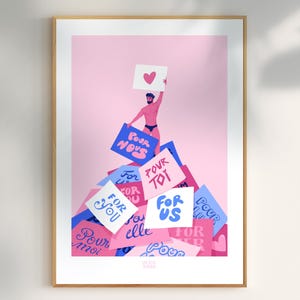 Plakat artystyczny Militant Love – Pozytywna i kolorowa ilustracja, mężczyzna w bieliźnie niosący wiadomość miłosną, oryginalna dekoracja ścienna