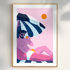 Peut inclure: Impression artistique d'une personne se relaxant sur une plage. L'illustration représente une personne sous un parasol rayé, avec un fond rose et un soleil orange. La personne porte des lunettes de soleil et un maillot de bain blanc.