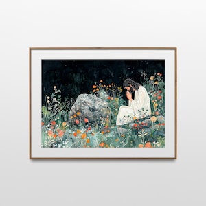 Jesus in The Garden of Gethsemane - Christian Easter Biblical Wall Art - Prayer Room Home Decor - Holy Week Poster - Religious Painting