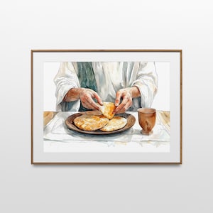 May include: A watercolor painting of a person breaking bread. The person is wearing a white robe and is sitting at a table with a plate of bread and a cup. The painting is done in a realistic style and the colors are muted.