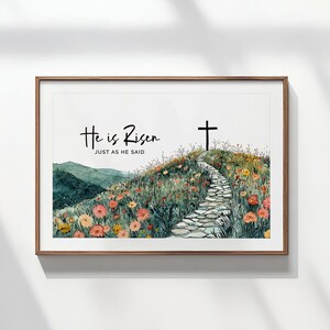 He is Risen - Christian Wall Art Printable - Watercolor Cross on a Hill - Easter Day Home Decor - Holy Week Poster - Scripture Wall Art