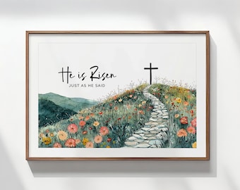 He is Risen Watercolor Printable: Easter Christian Cross on a Hill - Easter Day Home Decor - Holy Week Digital Download - Scripture Wall Art