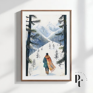 Póster de cabaña de montaña estilo bohemio con diseño de bosque, arte de pared, estilo hippie, estilo hygge, regalo de invierno para él, decoración nórdica para el hogar, impresión de bosque nevado