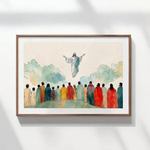 May include: A watercolor painting depicting a man in white robes ascending to heaven, surrounded by clouds.  Below, a group of people in colorful robes look up at him.