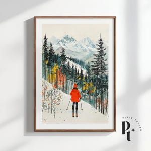 Skiing Woman Poster Winter Sports Wall Art Skiing Action Print Snowy Mountain Wall Decor Alpine Ski Lodge Print Ski Trip Art Gift for Skier