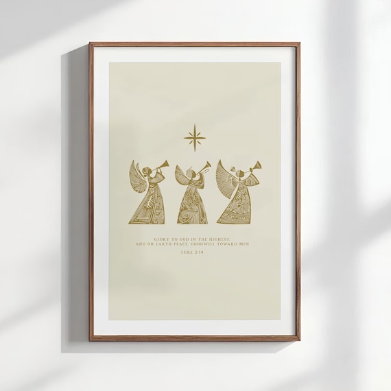 Minimalist Nativity Angel Choir Scene, Luke 2:14 Bible Print, Modern Scandinavian Christian Wall Art, Christmas Printable Decor