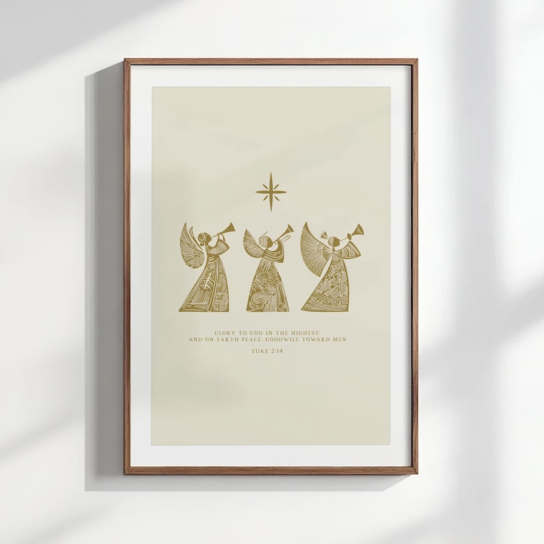 May include: A framed print featuring three golden angels playing trumpets beneath a star. The artwork includes the text "Glory to God in the highest, and on earth peace, goodwill toward men, Luke 2:14."