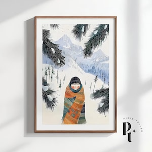 Arte de pared con retrato de invierno, lindo póster de cabaña de montaña con chico helado bohemio, decoración de invierno hygge, regalo para él, decoración nórdica para el hogar, impresión de bosque nevado