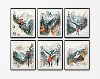 May include: Six framed watercolour prints showing winter mountain scenes. Each print features a snowy landscape with skiers, snowboarders, and a ski lift. The colour palette includes white, green, orange, and black.