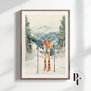 May include: A watercolor painting of a snowy mountain landscape with two pairs of skis and ski poles standing upright in the snow. The skis are orange and black, and the poles are black. The mountains are in the background, and the snow is in the foreground.