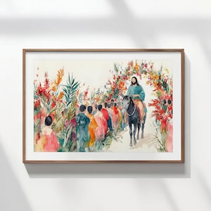 Flowery Palm Sunday Wall Art, Jesus enters Jerusalem on a donkey, Religious Digital Print, Holly Week Home Decor, Christian Easter Poster