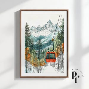 Skihütte Kunstdruck: Verschneite Berglandschaft (Digital Download), Skifahrer Illustration, Winter Schnee Szene Poster, Skihütte Dekor