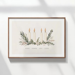 Puede incluir: Impresión enmarcada con cuatro velas encendidas con llamas doradas, rodeadas de follaje verde y marrón. Las palabras "HOPE PEACE JOY LOVE" están impresas debajo. El marco es de color marrón cálido.